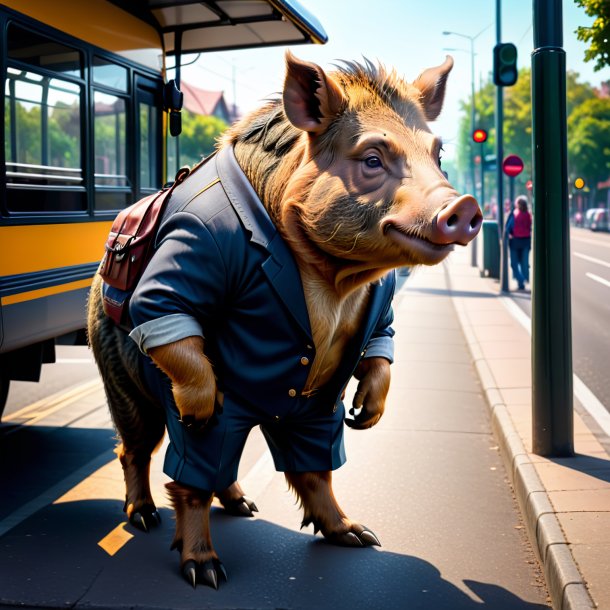 Pic of a boar in a trousers on the bus stop