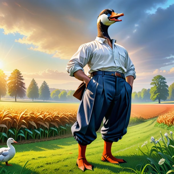 Drawing of a goose in a trousers on the field