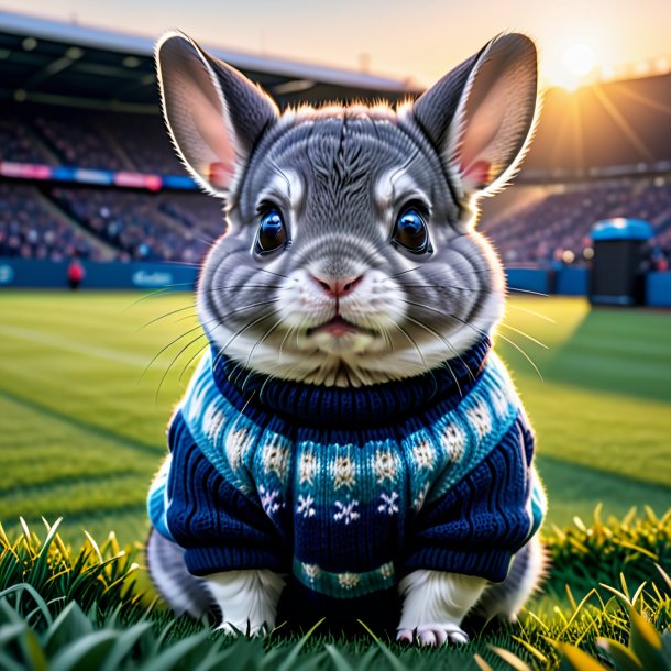 Foto de una chinchillas en un suéter en el campo