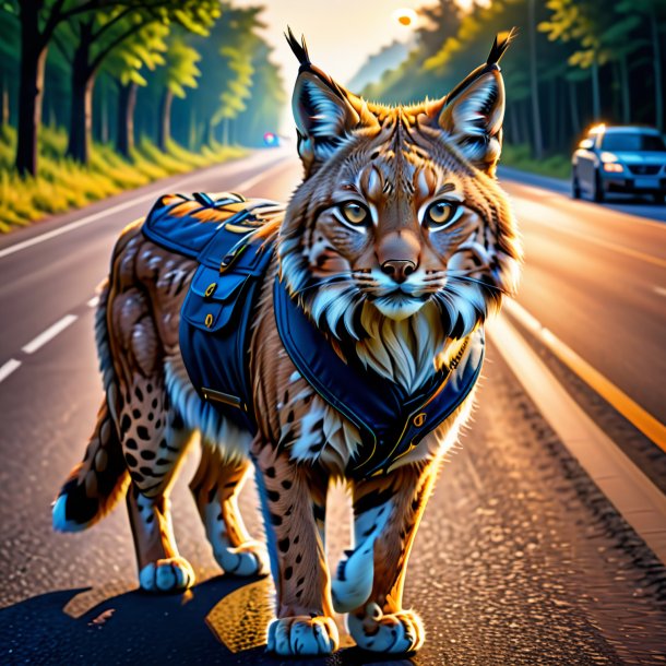 Desenho de um lince em um colete na estrada