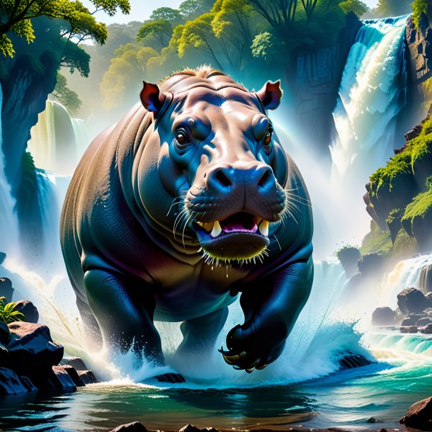 Photo of a threatening of a hippopotamus in the waterfall