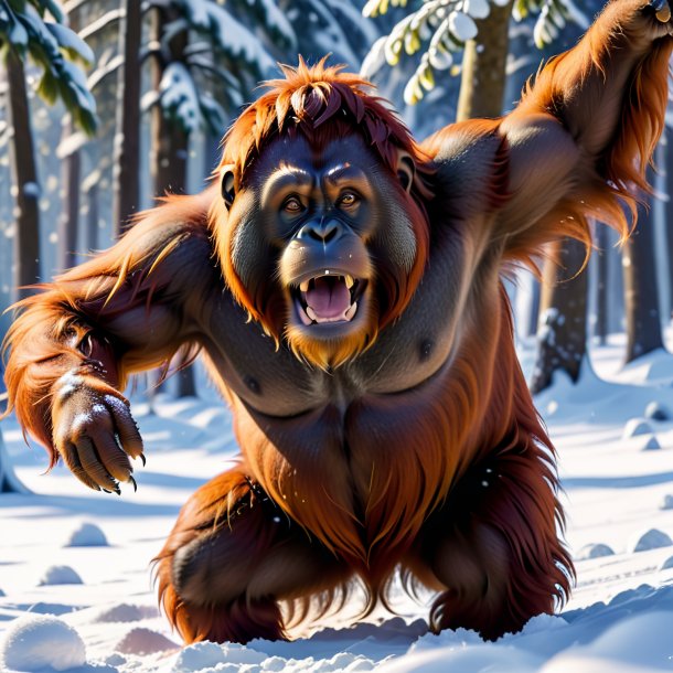 Picture of a playing of a orangutan in the snow