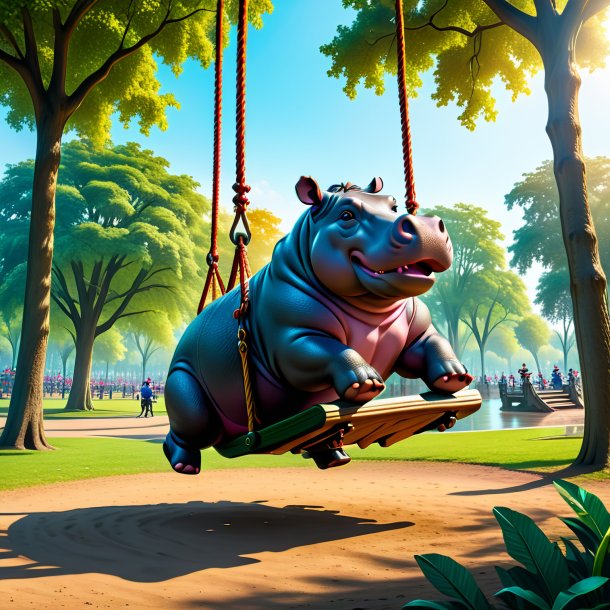 Picture of a swinging on a swing of a hippopotamus in the park