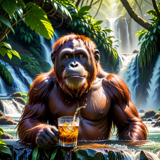 Image of a drinking of a orangutan in the waterfall