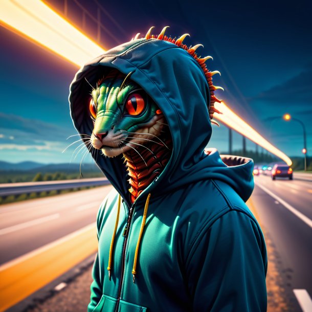 Image of a centipede in a hoodie on the highway