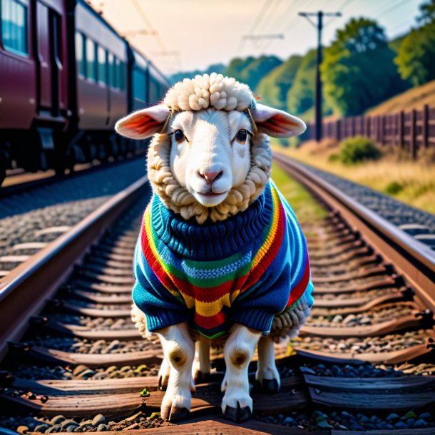 Image of a sheep in a sweater on the railway tracks