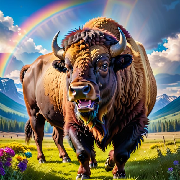 Image of a smiling of a bison on the rainbow