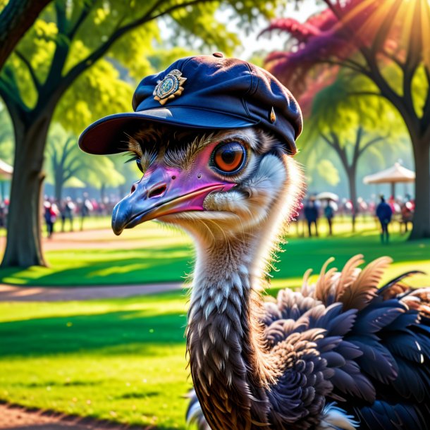 Photo of a ostrich in a cap in the park