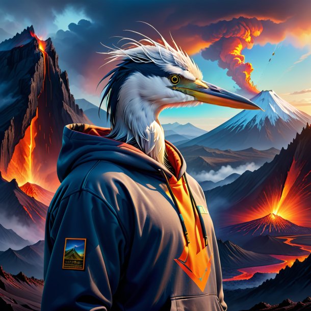 Illustration of a heron in a hoodie in the volcano