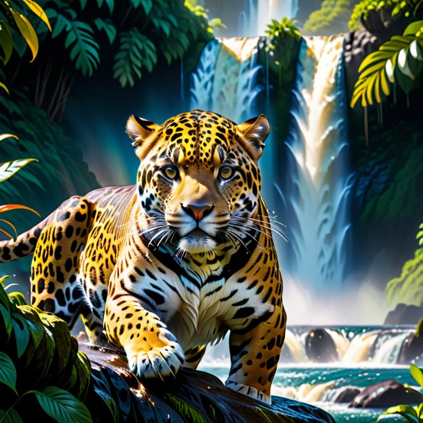 Photo of a jaguar in a belt in the waterfall