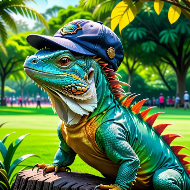 Drawing of a iguana in a cap in the park