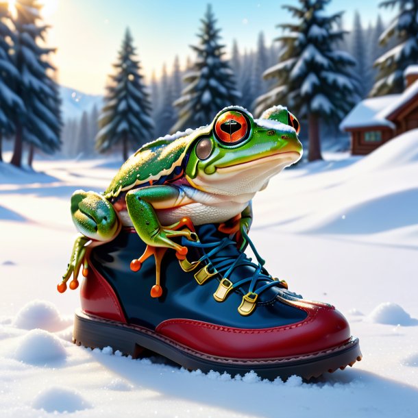 Foto de una rana en un zapato en la nieve