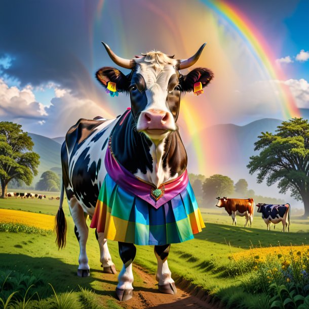 Imagen de una vaca en una falda en el arco iris