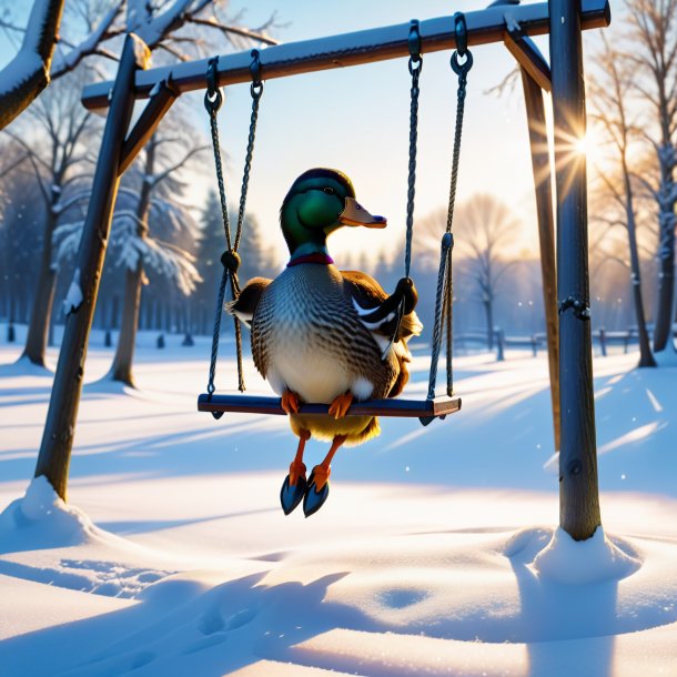 Imagen de un balanceo en un columpio de un pato en la nieve