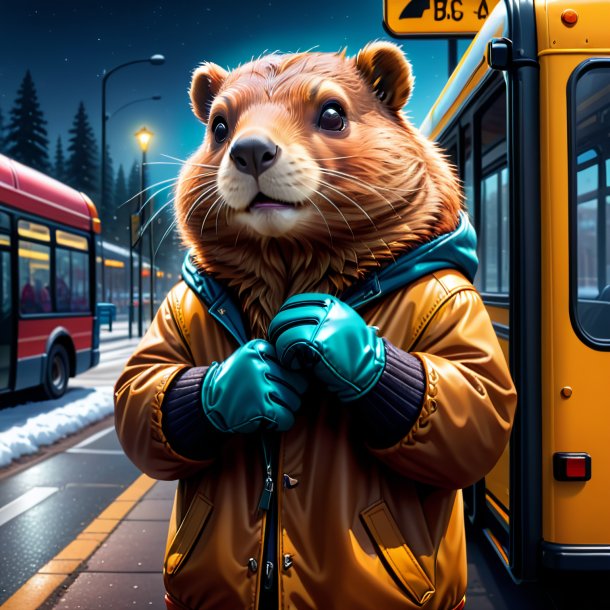 Illustration of a beaver in a gloves on the bus stop