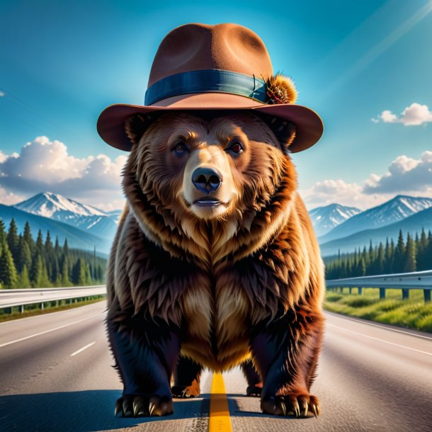 Photo of a bear in a hat on the highway