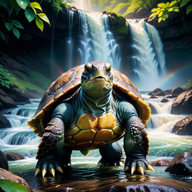 Photo of a turtle in a coat in the waterfall