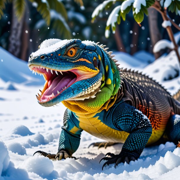 Foto de un enojo de un monitor lagarto en la nieve