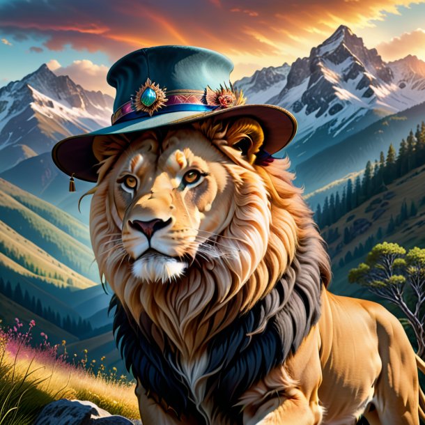 Drawing of a lion in a hat in the mountains