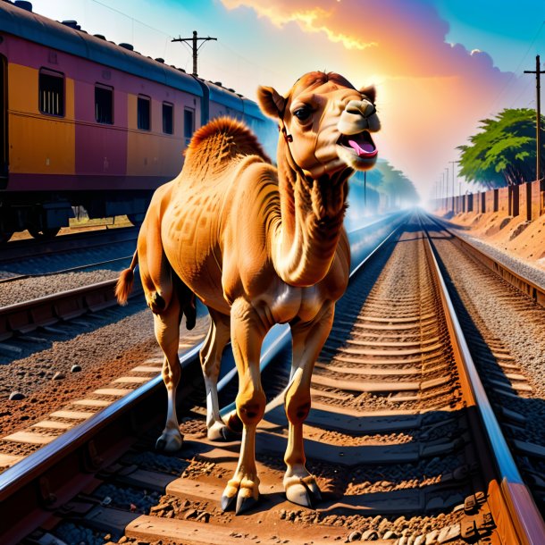 Foto de un llanto de un camello en las vías del tren