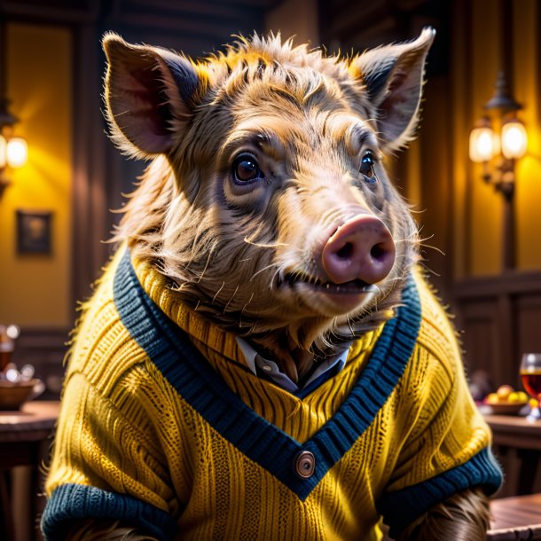 Photo of a boar in a yellow sweater