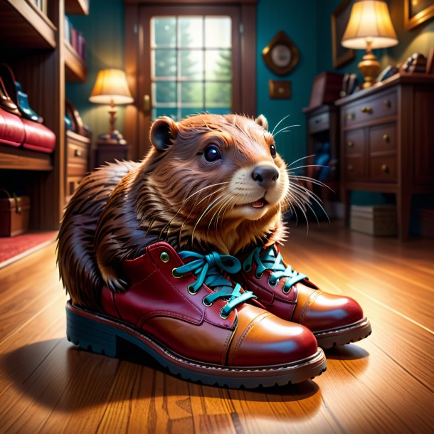 Illustration of a beaver in a shoes in the house