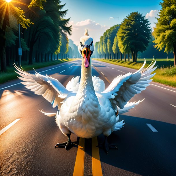 Image of a angry of a swan on the road