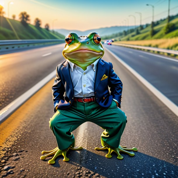 Pic d'une grenouille dans un pantalon sur l'autoroute