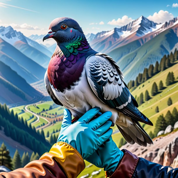 Drawing of a pigeon in a gloves in the mountains