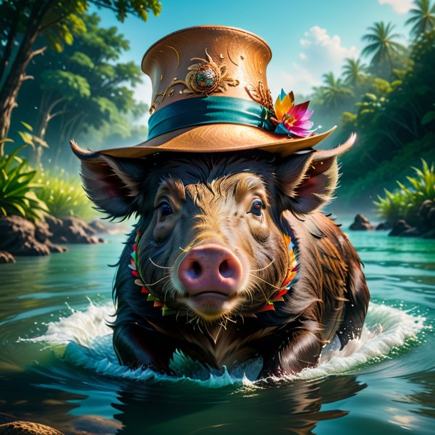 Pic of a boar in a hat in the water