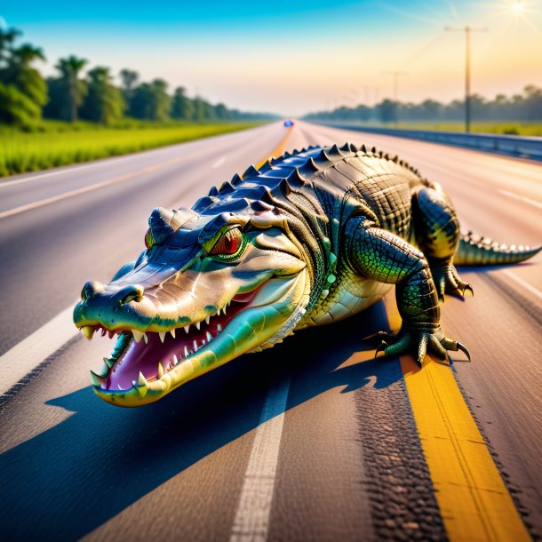 Foto de un caimán en zapatos en la carretera