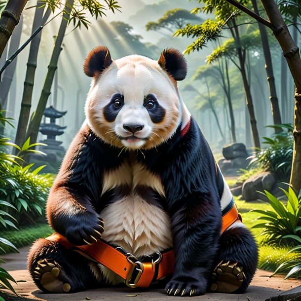 Foto de um panda gigante em um cinto laranja