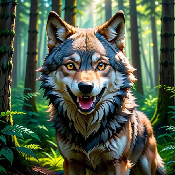 Pic of a smiling of a wolf in the forest