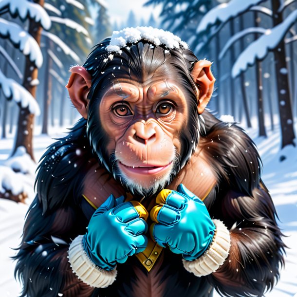 Image of a chimpanzee in a gloves in the snow