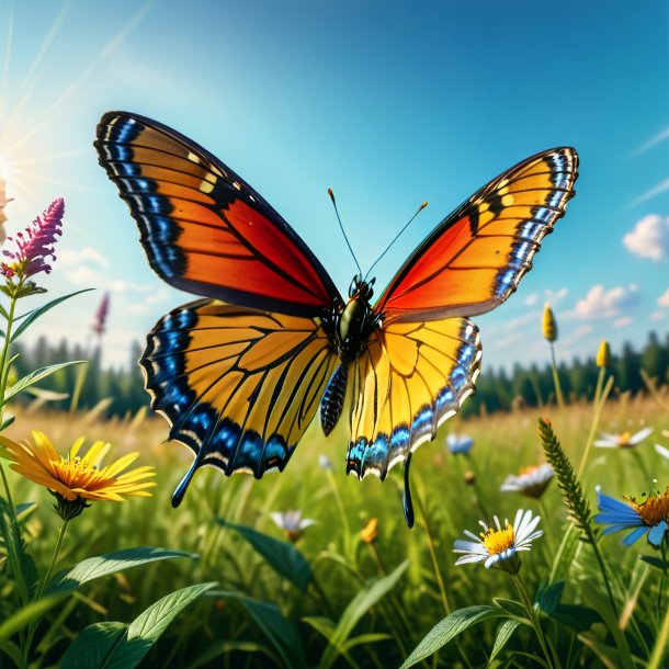 Photo of a jumping of a butterfly in the meadow