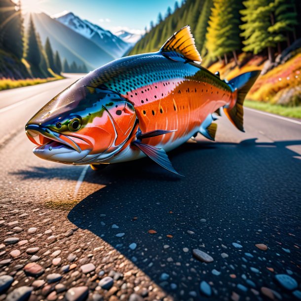 Photo d'un saumon dans un pull sur la route