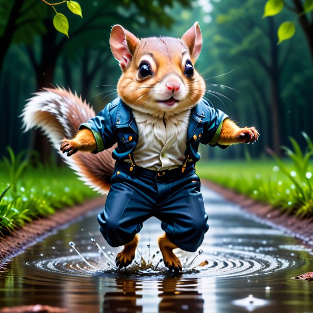 Photo of a flying squirrel in a trousers in the puddle