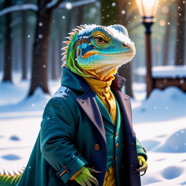 Foto de un lagarto en un abrigo en la nieve