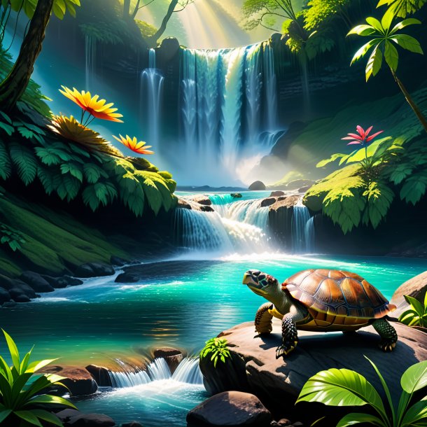 Pic d'une attente d'une tortue dans la cascade