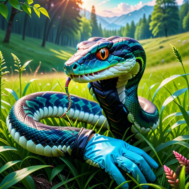 Image of a snake in a gloves in the meadow