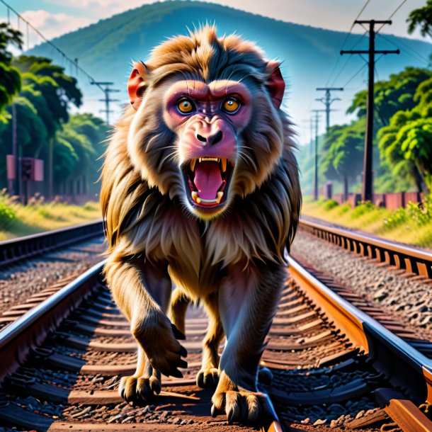 Photo of a angry of a baboon on the railway tracks