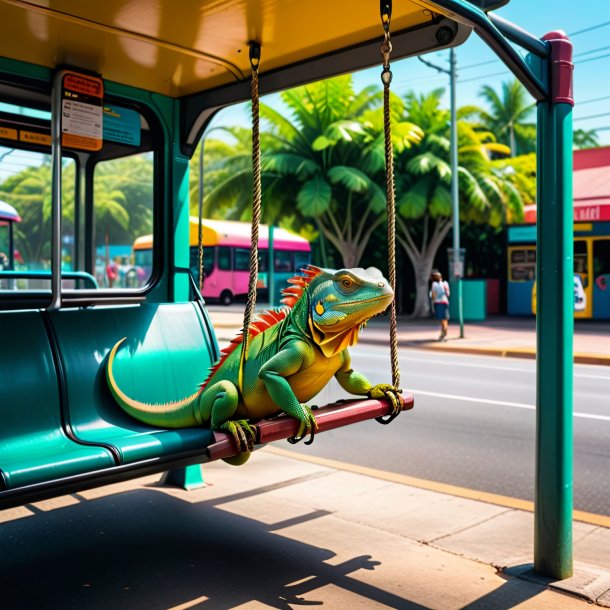 Photo of a swinging on a swing of a iguana on the bus stop