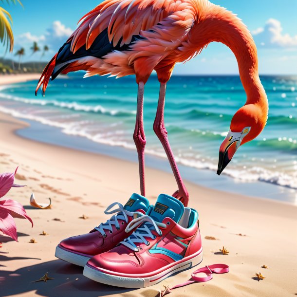 Drawing of a flamingo in a shoes on the beach