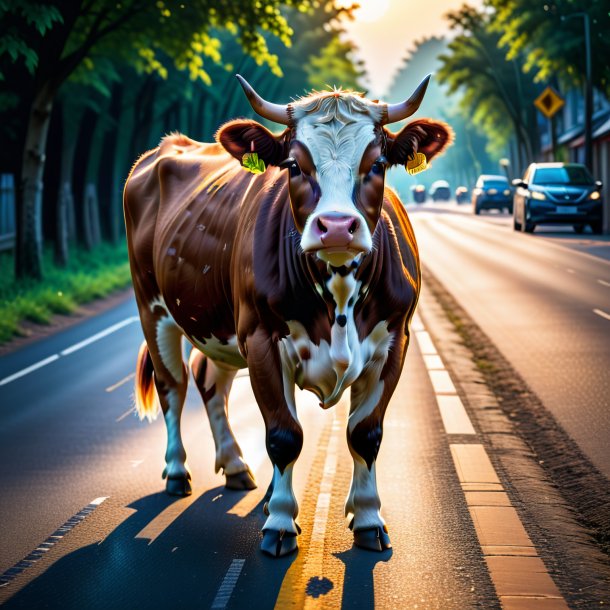 Image of a playing of a cow on the road