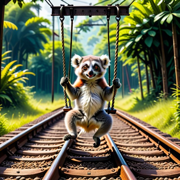 Image of a swinging on a swing of a lemur on the railway tracks