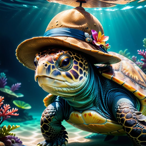 Foto de una tortuga en un sombrero en el agua