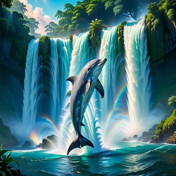 Photo of a threatening of a dolphin in the waterfall