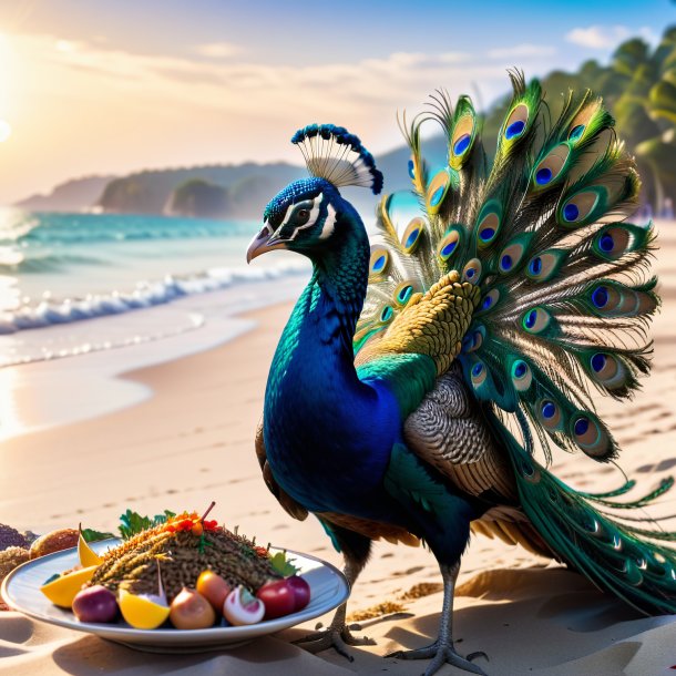 Foto de una comida de un pavo real en la playa