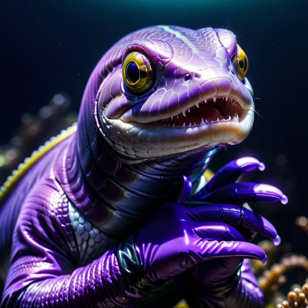 Image of a eel in a purple gloves