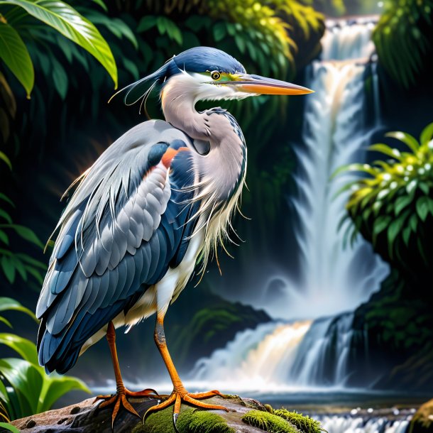 Picture of a heron in a cap in the waterfall